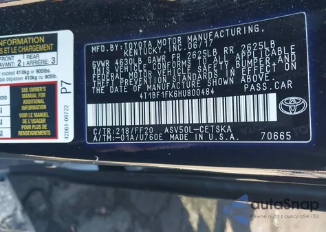 2017 Toyota Camry Se z USA, uszkodzony, nr VIN 4T1BF1FK6HU800484